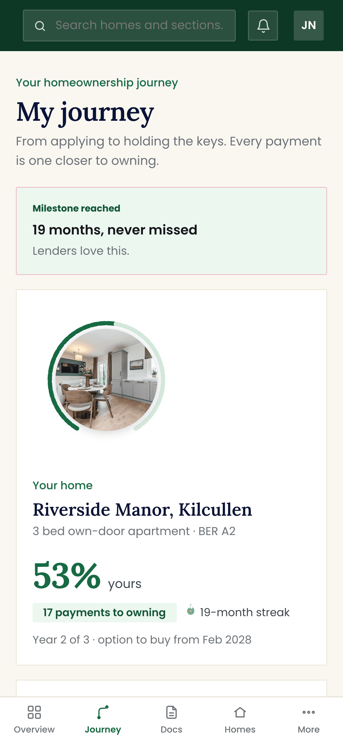 The Homely customer account, showing a homeowner's journey from renting to owning